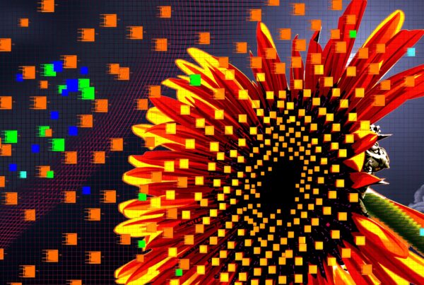 Vibrant digital artwork of sunflower with pixelated overlay against grid background.