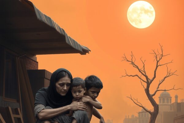 A family sits under an orange sky, embraced by a protective mother, with a full moon and barren tree in the background.