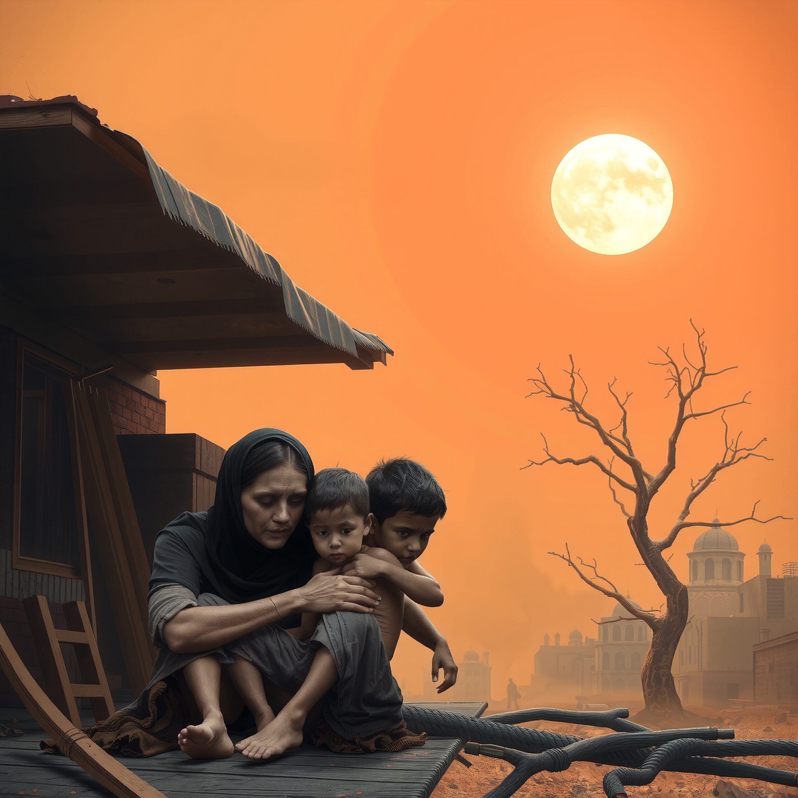 Title: Family Under the Orange Moon