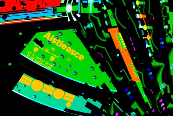 A vivid abstract circuit board with neon colors and intricate patterns creates a futuristic tech-themed visual.