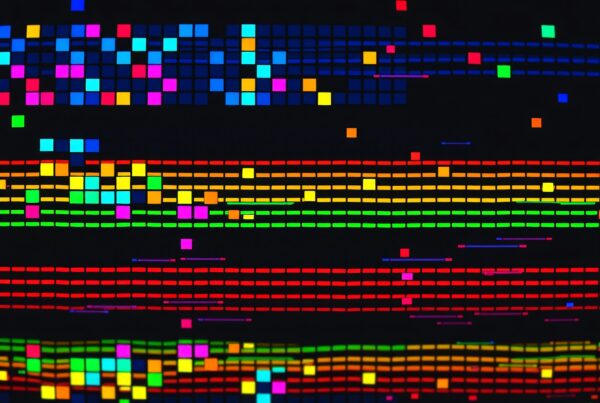 Abstract digital artwork with colorful squares and rectangles on a dark background.