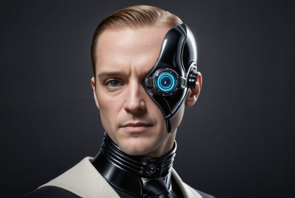 Portrait of a man with futuristic cybernetic eye.