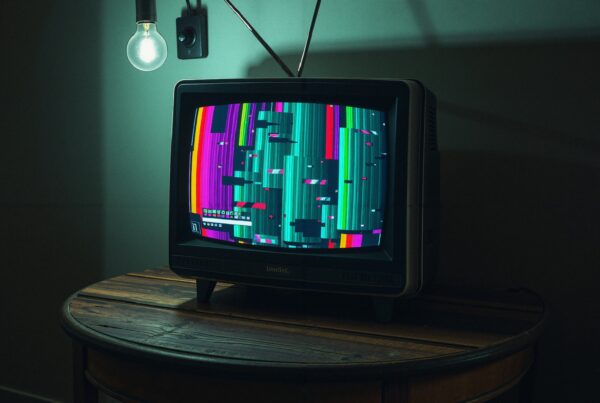 Vintage television displaying colorful distorted pattern in dimly lit room with hanging bulb.