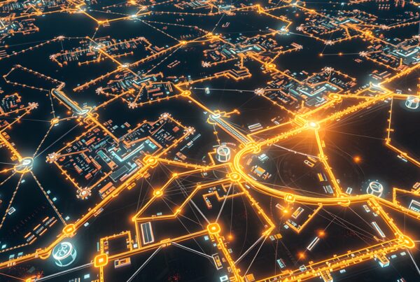 A futuristic digital map with glowing neon pathways illustrating a connected urban network.