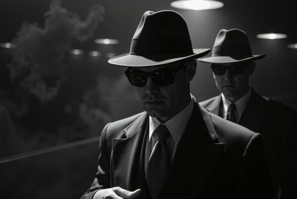 A pair of men in black suits and fedoras walk through a dimly lit corridor, evoking a film noir atmosphere.