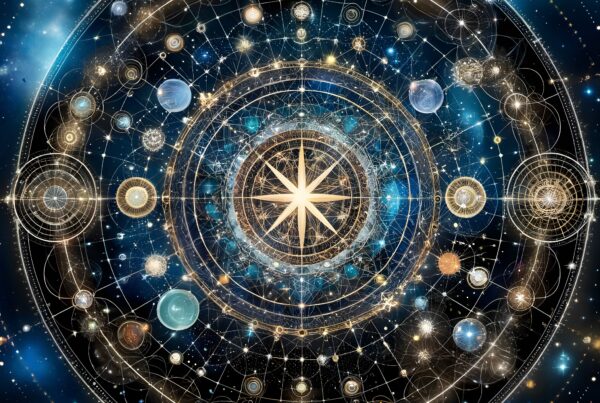 Intricate celestial map featuring stars, planets, and constellations in a starry background.