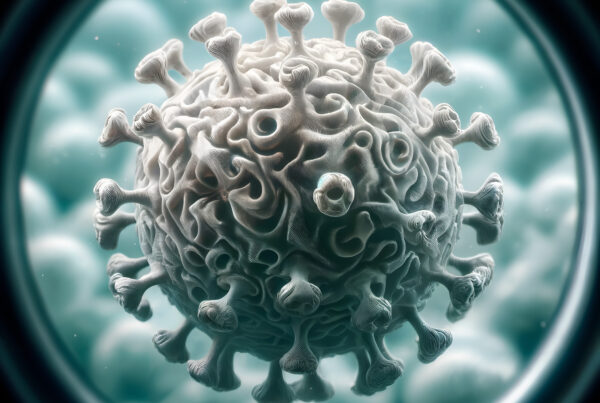 Magnified Virus Cell, A Microscopic Dance of Spiral Protrusions and Stalks
