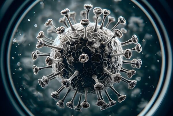 Highly detailed microscopic view of a virus with spike proteins under a magnification lens, showcasing its intricate structure against a blurred background.
