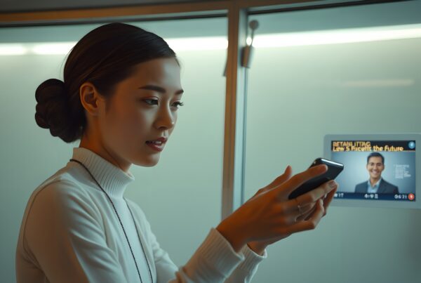 Young woman using smartphone in futuristic digital environment with display screen.