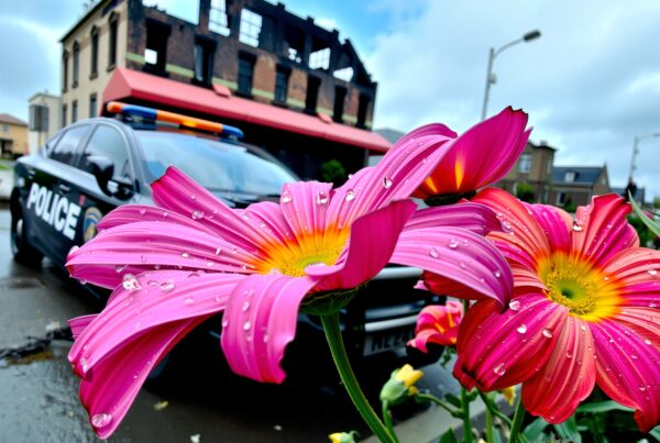 Bright pink flower with dew drops in front of a police car and urban background.