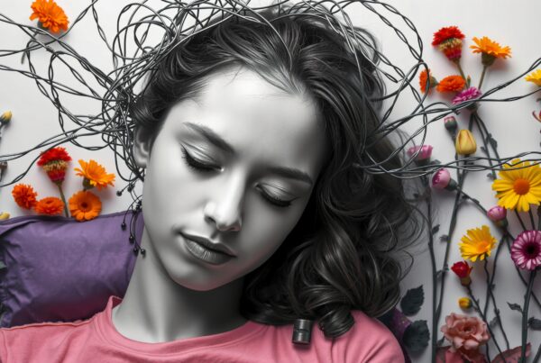 A grayscale portrait of a young woman with floral and wire elements surrounding her, creating a dreamlike and artistic atmosphere.