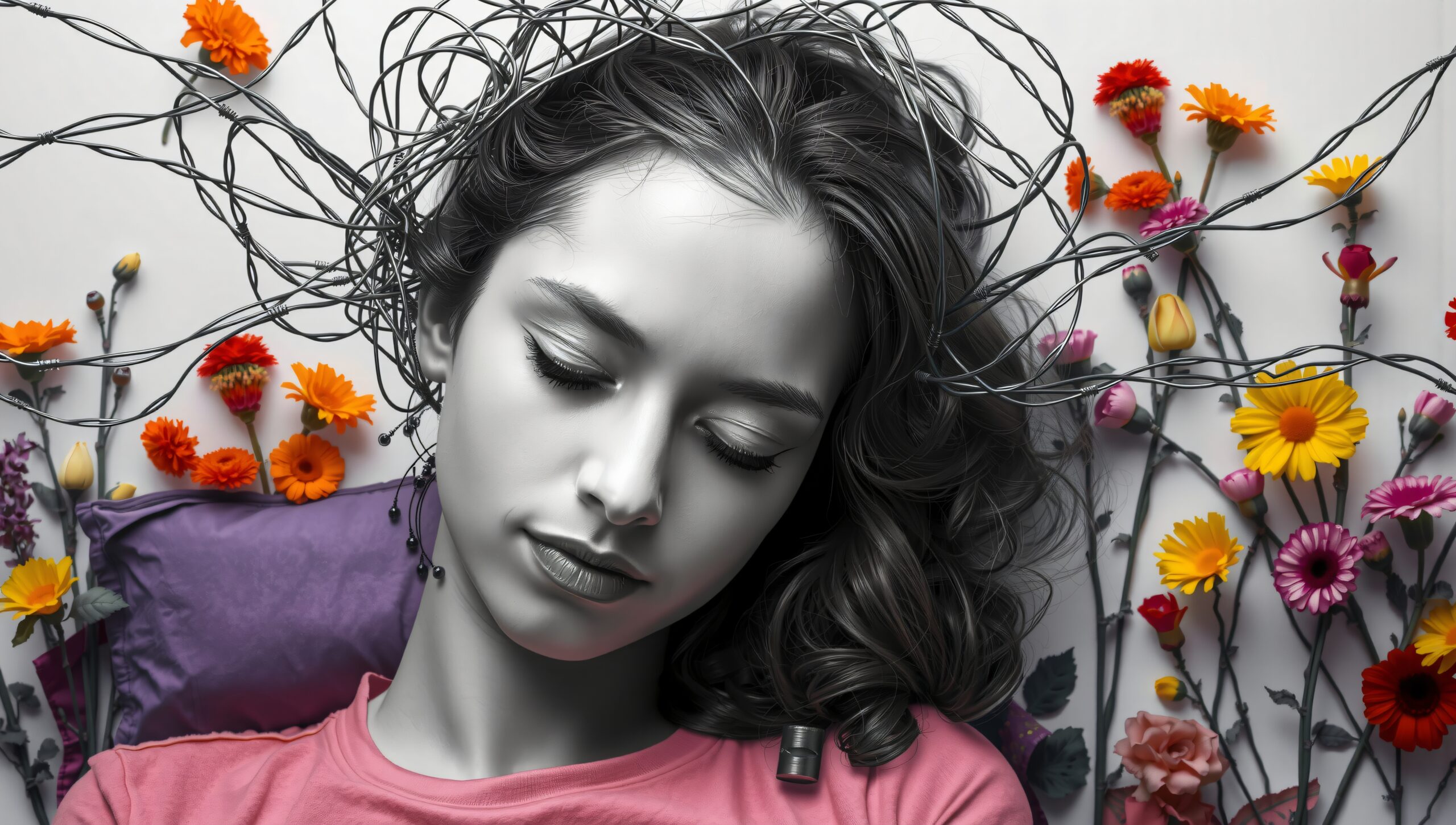 Dreamlike Floral Wire Portrait