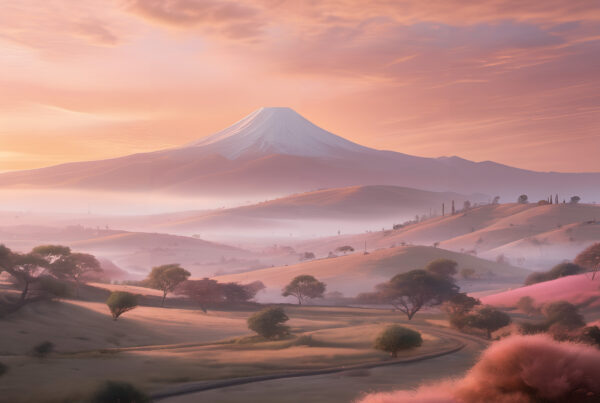 Mystical Dawn Over Pink Blossom Hills with Majestic Snow-Capped Mountain