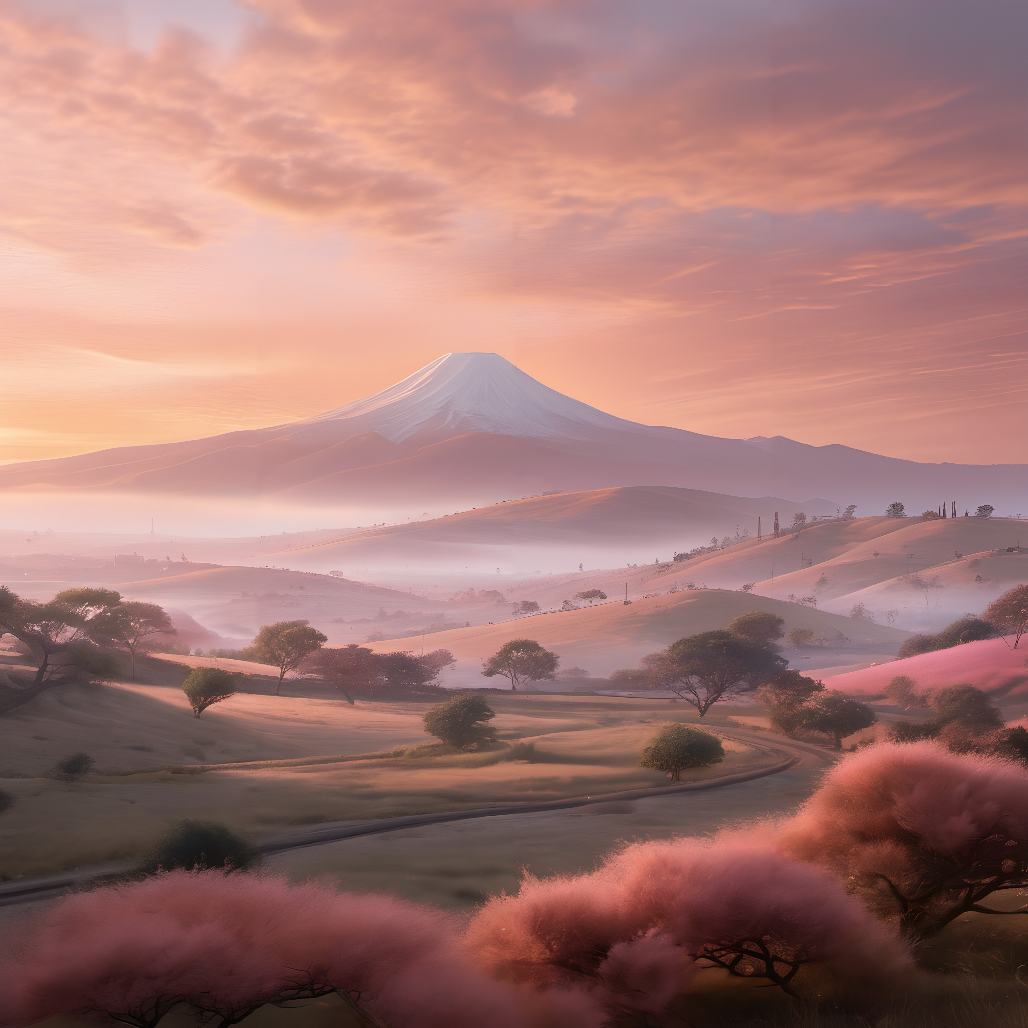 Mystical Dawn Over Pink Blossom Hills and Mountain