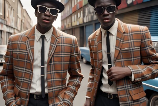 Two individuals in plaid suits and fedoras walk confidently on a graffiti-lined urban street.