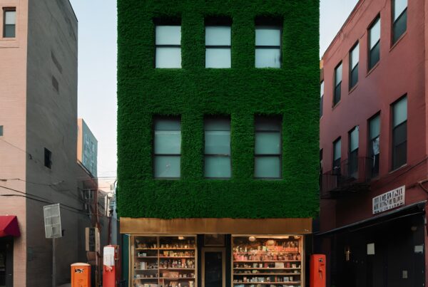 A building with lush green facade and vintage gas pumps on a quiet city street.