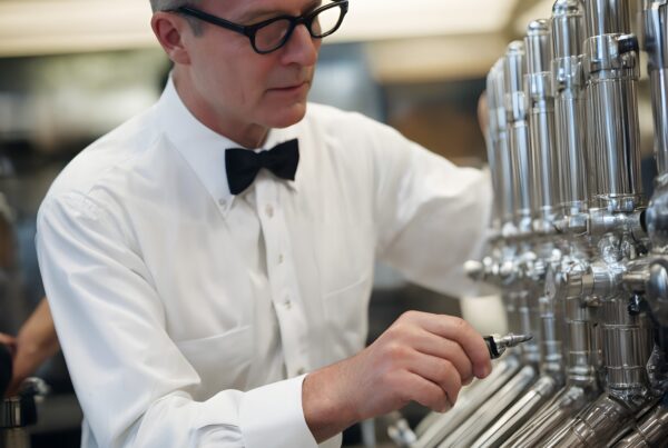 A professional man adjusts shiny machinery.