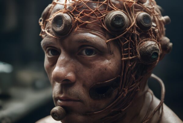A person wears intricate headgear with mechanical and organic elements, emphasizing futuristic aesthetics.