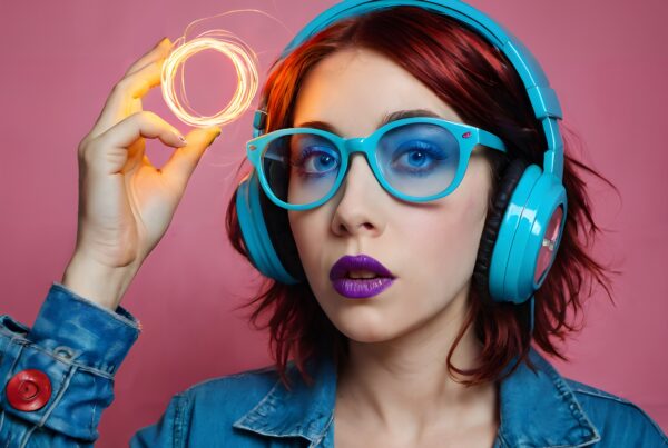 Woman with blue glasses and headphones holding glowing orb in front of pink background.