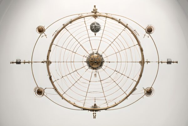 Intricate ceiling-mounted mechanical structure in a museum setting.