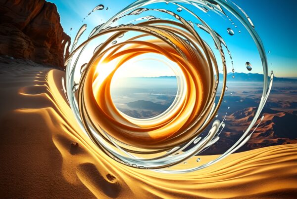 A swirling vortex of water frames a sunny desert landscape, blending dynamic elements in a captivating scene.