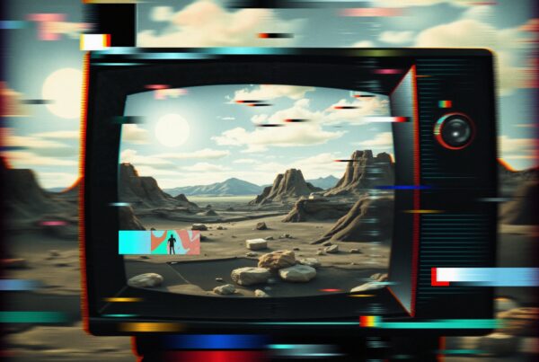 Surreal desert landscape on a glitchy TV screen showcasing dual suns and an exploring astronaut, blending digital art with retro nostalgia.