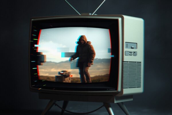 A vintage television displays a hooded figure in a digital landscape, with colorful glitches on the screen.