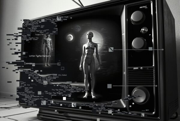 A retro television depicts a futuristic, sci-fi scene with a humanoid figure against a starry sky backdrop, surrounded by digital code and fragmented pixels.