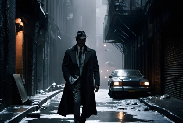 A mysterious detective walks through a shadowy, foggy alley bathed in noir style.