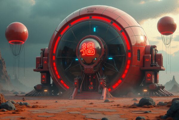 A massive spherical alien structure glows red in a barren, rocky landscape under an ominous sky, accompanied by hovering red drones.