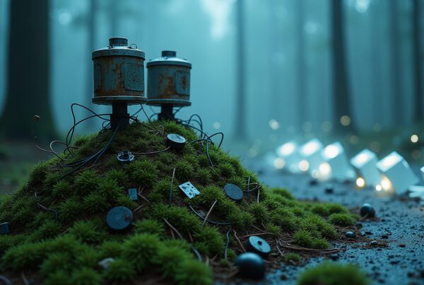 Rusty canisters and glowing cubes in a misty forest.