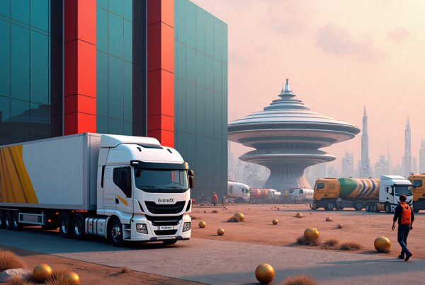 A futuristic cityscape featuring a white truck parked beside a striking red and blue building with an unusual circular structure in the background.