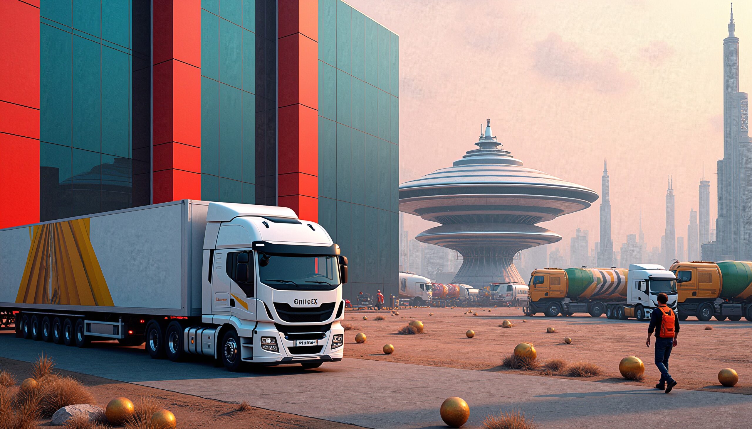 Futuristic City with Trucks