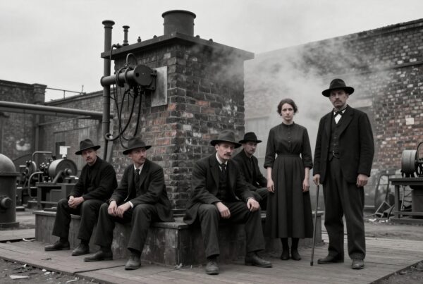 A group of early 20th-century industrial workers in formal attire pose in front of factory equipment amidst rising steam.