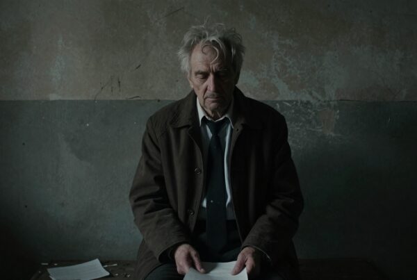 An elderly man sits quietly in a dimly lit room, holding a paper, surrounded by peeling walls, in a contemplative reflection on life.