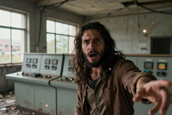 A man looks shocked in an abandoned control room.