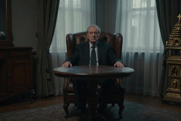 An elderly man in a leather armchair in a dimly lit room with ornate furnishings and large curtained windows.