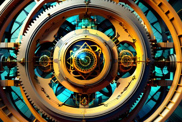Intricate futuristic mechanism with interlocking gears and glowing center.