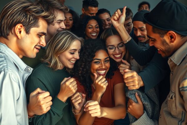 A joyful group of friends celebrating together, smiling, diverse, and cheering in a happy gathering.