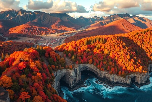 A dramatic aerial view of vibrant autumn foliage clinging to coastal cliffs, with waves crashing below and mountains in the background.