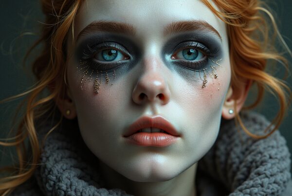 A portrait of a woman with blue eyes and celestial-themed makeup, featuring gold star decorations.