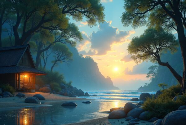 A tranquil beach scene with a cozy cabin illuminated by sunset.