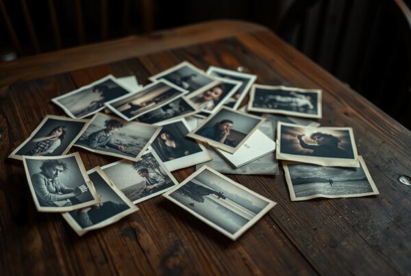 Scattered vintage photos on wooden table evoke nostalgia and memories.