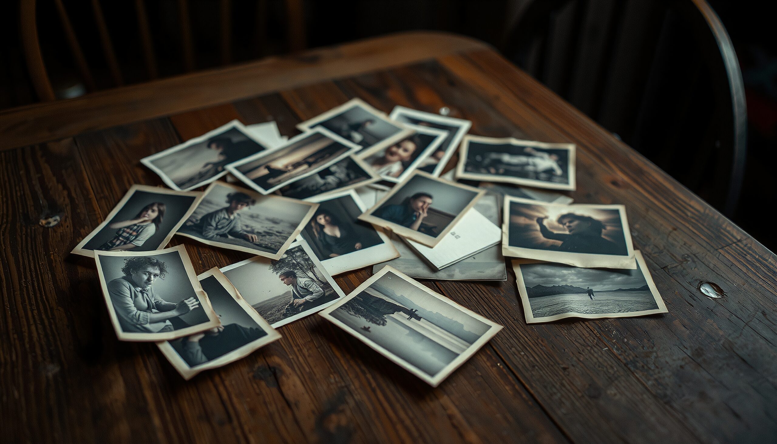 Scattered Memories on Wooden Table