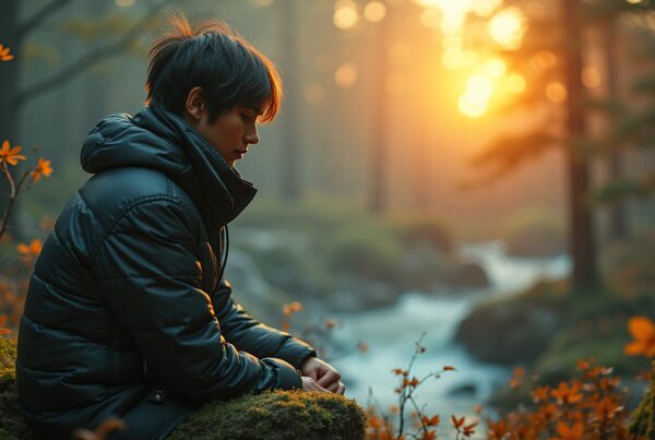 A person sitting on a mossy rock in a sunlit forest, deep in contemplation amidst nature's beauty.