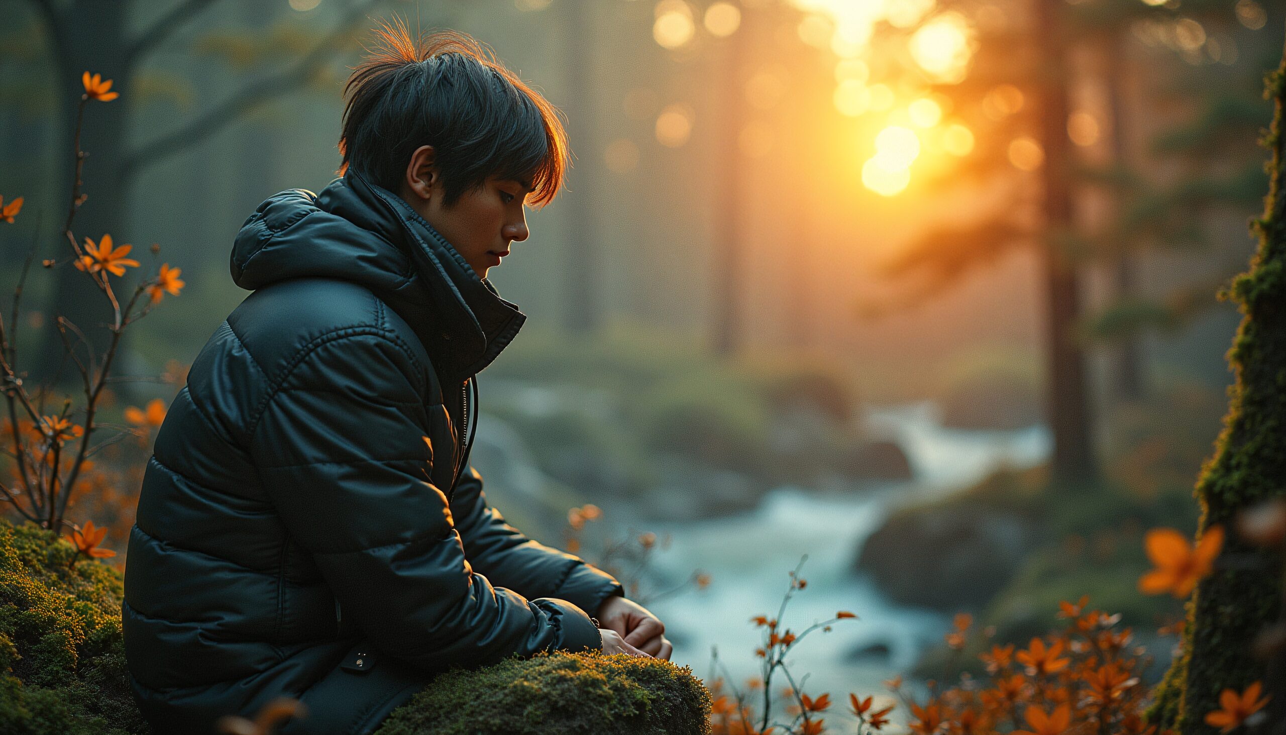 Reflective Moment in Forest Light