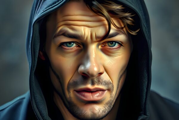 Portrait of a man in a black hoodie, intense expression and vivid eyes.
