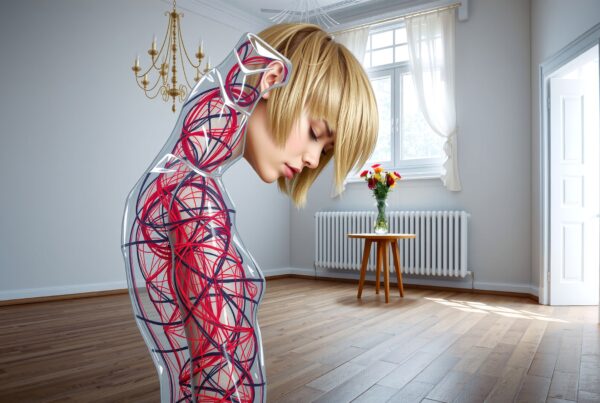A futuristic depiction of a woman with transparent skin in a modern, elegant room setting.