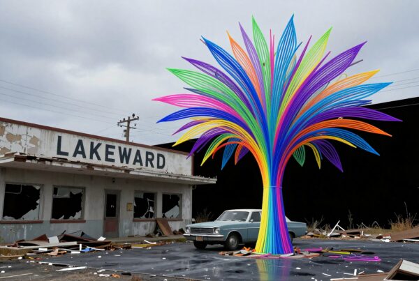A vibrant, colorful tree sculpture juxtaposed against an abandoned urban setting with a retro car and dilapidated building.