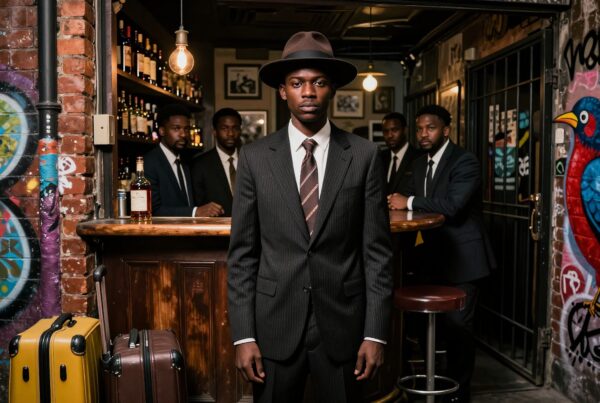 A stylish group of men in suits at an urban bar with colorful graffiti, showcasing vintage elegance and modern contrast.